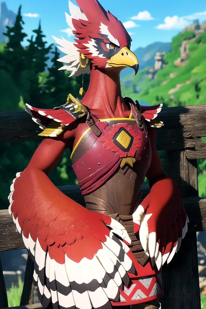 The image shows a red bird-like creature standing on a wooden fence in front of a mountainous landscape. The creature is wearing a brown vest with shoulder pads and a red sash. It has a yellow beak and black eyes, and its head is adorned with a red and white crest. Its wings are folded against its body, and its feet are hidden by the fence. The background of the image is a green field with a mountain range in the distance. The sky is blue, and there are some clouds.