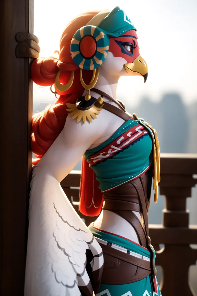The image shows a tall, slender woman with red and orange hair and a red and white striped beak. She is wearing a green and white striped shirt and a brown belt. She has a large, feathered wing on her right side and a smaller, feathered wing on her left side. She is standing on a wooden railing, looking out at a city.
