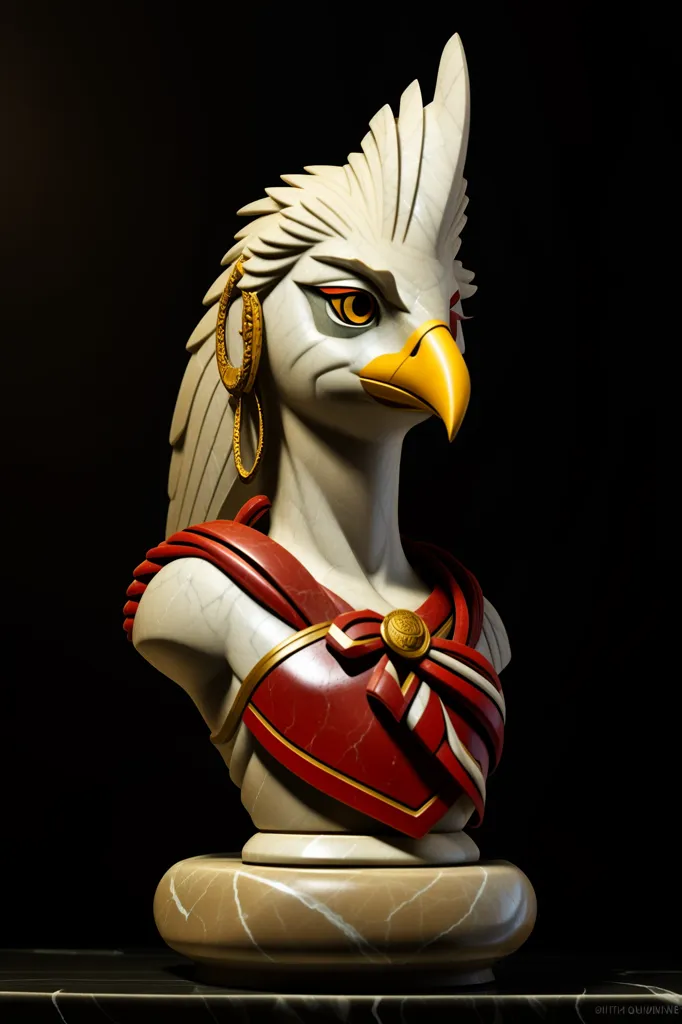 The image shows a marble bust of a female harpy. The harpy has the head and wings of an eagle and the body of a woman. She is wearing a red and gold breastplate and a gold necklace. The bust is mounted on a marble pedestal.