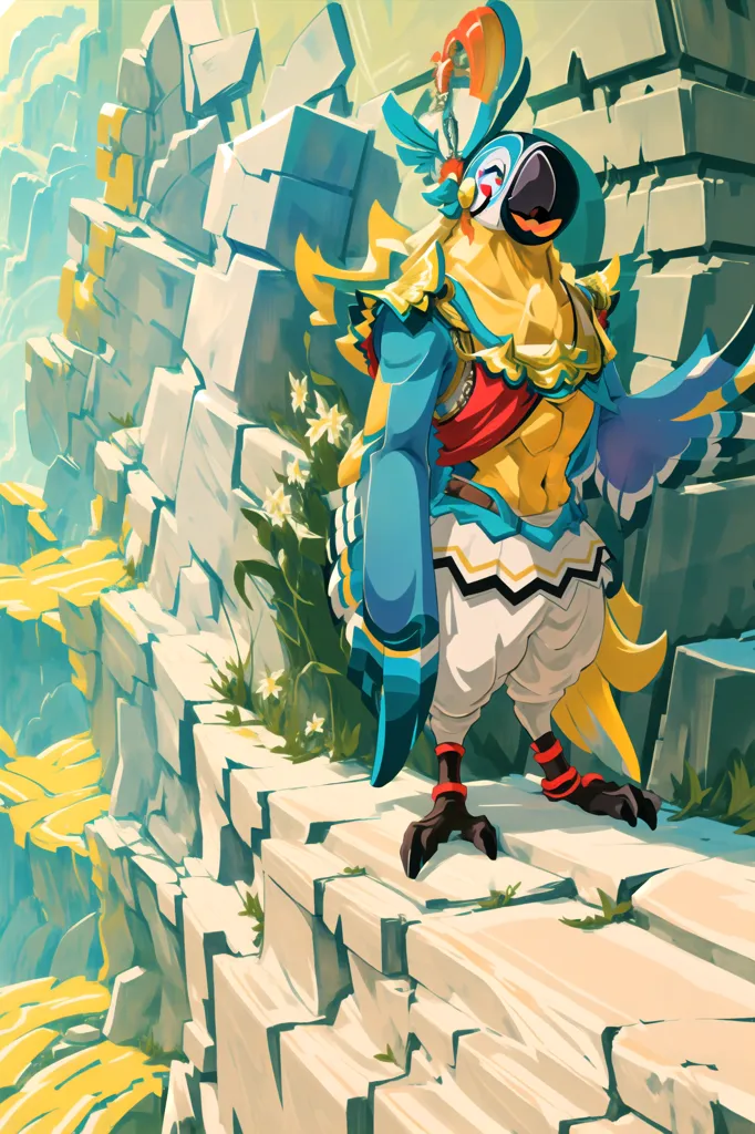 The image shows a colorful bird-like creature standing on a rocky cliff. The creature is wearing a red and white outfit with a yellow belt and has a sword on its back. It has blue and yellow feathers and a red crest on its head. The background of the image is a canyon with a river running through it. The sky appears yellow as the sun is setting.