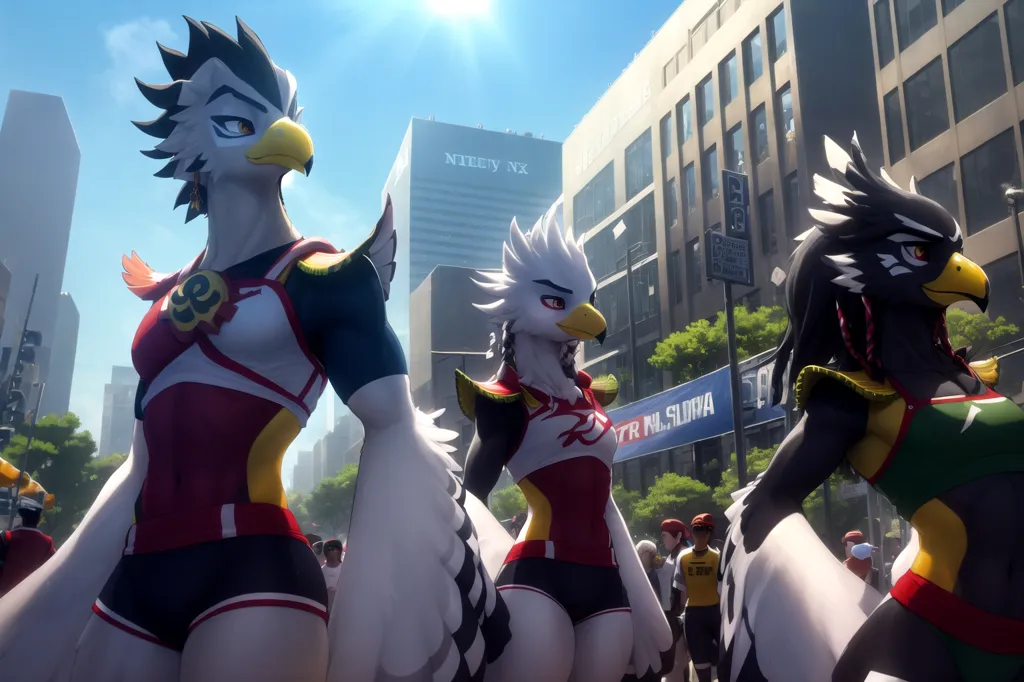 The image shows three anthropomorphic eagle-like creatures walking down a city street. They are all wearing athletic clothing and have their wings folded behind them. The one in the middle is slightly in front of the other two. The background of the image is a city with tall buildings and a clear blue sky.