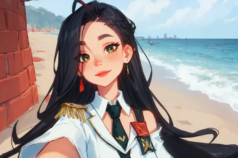 The image is a digital painting of a young woman with long black hair and green eyes. She is wearing a white shirt with a black tie and a red armband. She is standing on a beach, with the ocean behind her. She is smiling and has her left hand holding a phone to take a selfie.