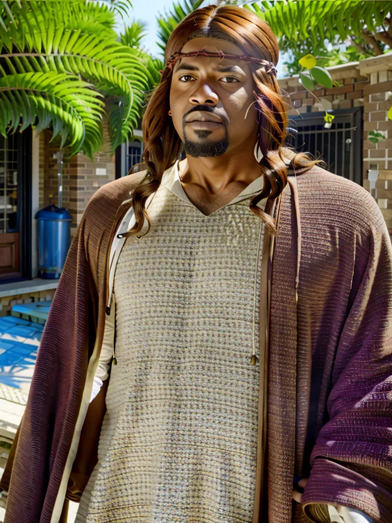 The image shows a Black man with long brown hair and a beard wearing a brown robe with a white shirt underneath. He has a crown of thorns on his head and is looking at the camera with a serious expression. He is standing in front of a brick building with palm trees in the background.