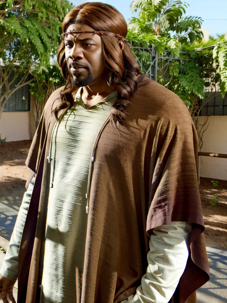 This image shows a Black man dressed as Jesus Christ. He is wearing a brown robe and a crown of thorns. He has a serious expression on his face. He looks like he is in pain. The background is blurred, but it looks like he is in a desert.