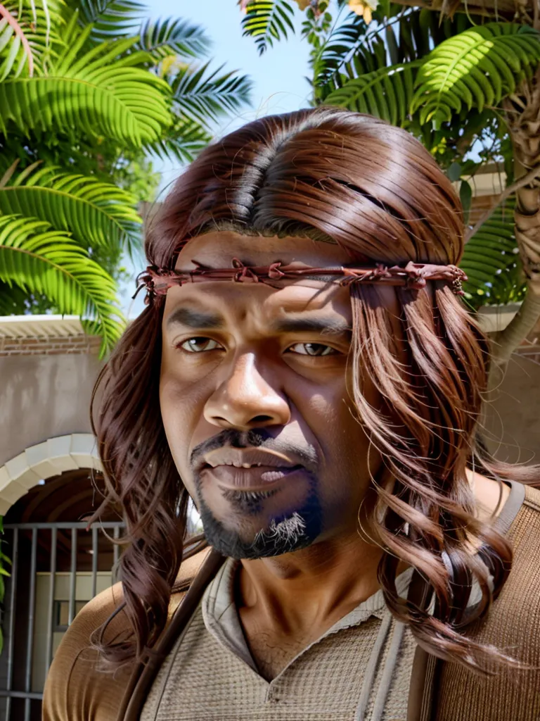 The image shows a Black man with long brown hair and a beard wearing a crown of thorns. He is looking at the camera with a serious expression. He is wearing a brown shirt. The background is blurred, but it looks like there are palm trees in the background.