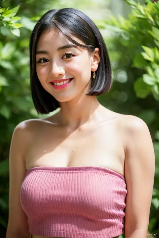 The image shows a young woman with short black hair and a strapless pink top. She is smiling and looking at the camera. She has a light makeup on and her hair is styled in a way that it frames her face. The background is blurry and looks like it is a forest. The woman is standing in front of a tree and there are some leaves in the background. The image is taken from a slightly elevated angle, which makes the woman look even more beautiful.