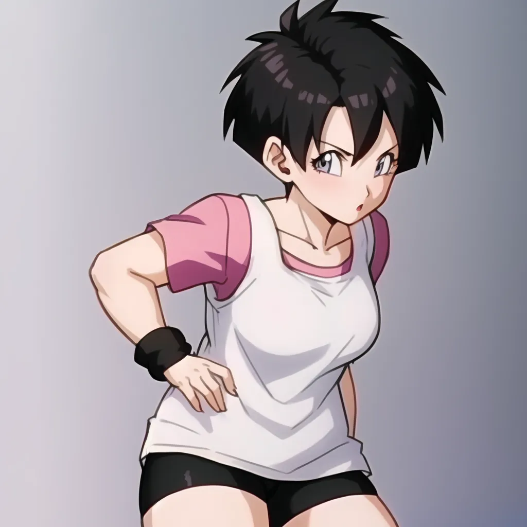 The image is of a young woman with short black hair and purple eyes. She is wearing a white tank top and black shorts. She has her hands on her hips and is looking to the side with a curious expression on her face. She is standing in a fighting stance.