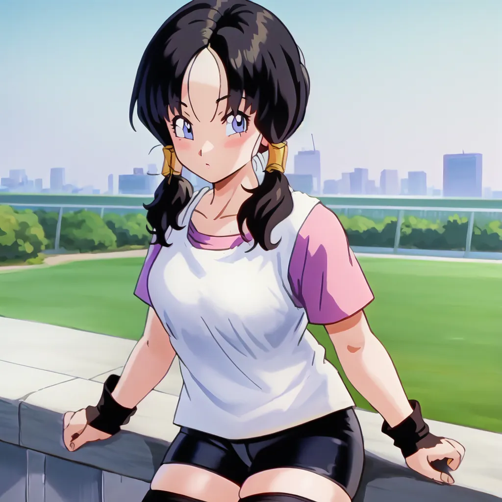 The image is of a young woman with long black hair and blue eyes. She is wearing a white tank top, black shorts, and black gloves. She is sitting on a wall with her legs crossed and her hands resting on the wall. In the background, there is a city with tall buildings and a park with green trees. The sky is blue with white clouds. The image is drawn in an anime style.