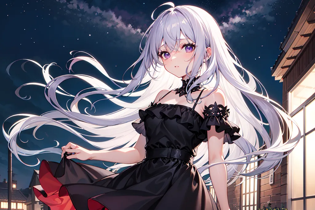 La imagen es una pintura de una hermosa chica de anime con cabello blanco largo y ondulado y ojos púrpura. Ella está usando un vestido negro con un cinturón rojo y un cuello blanco. Ella está parada en una noche estrellada y oscura con un edificio en el fondo. La chica mira al espectador con una sonrisa suave en su rostro.