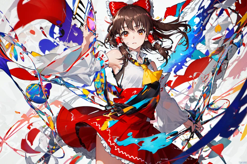 The image is a painting of a young woman in a red and white dress. She has long brown hair and red eyes. She is holding a red and white fan. There are many colorful ribbons flowing around her. The background is white. The painting is in a Japanese anime style.