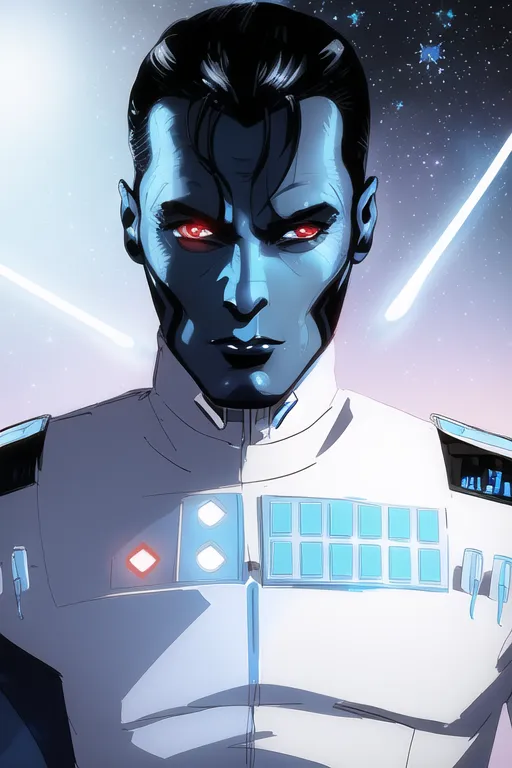 The image is of a male Chiss. He is wearing a white uniform with a red diamond-shaped insignia on his chest. He has red eyes and a stern expression on his face. He is standing in front of a starry background with a few streaks of light on either side of him.