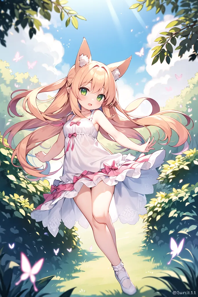 The image is a digital painting of a young girl with long, flowing hair and fox ears. She is wearing a white dress with a pink sash and white sneakers. She is standing in a field of flowers and trees, and there are butterflies flying around her. The girl has a happy expression on her face, and she seems to be enjoying the warm weather. The image is drawn in a realistic style, and the colors are vibrant and bright.