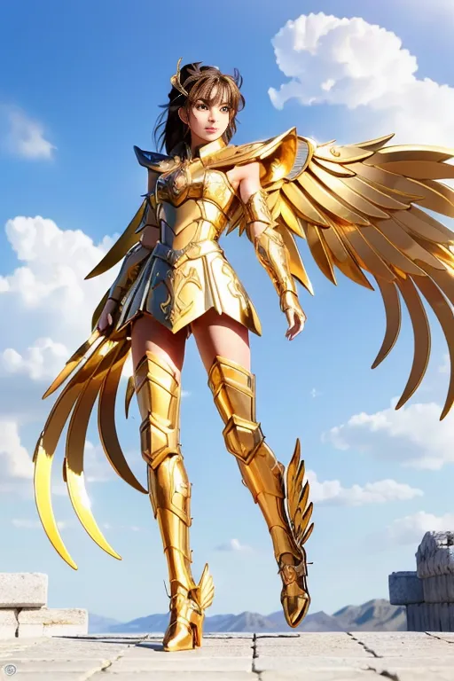 The image shows a young woman standing on a stone wall. She is wearing a golden armor and has brown hair and brown eyes. She is also wearing a pair of golden wings. The background is a blue sky with white clouds.