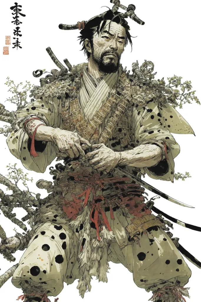 The image is a black and white illustration of a samurai. He is dressed in traditional samurai armor and is holding a sword. The samurai is standing in a forest, and there are trees and plants all around him. The samurai has a determined expression on his face, and it is clear that he is ready for battle.