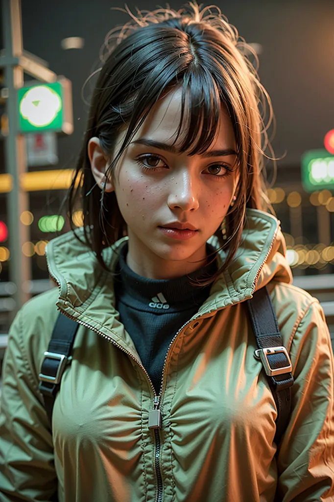 The image is a portrait of a young woman with short brown hair and brown eyes. She is wearing a green jacket and a black turtleneck sweater. She has a backpack on her back and is looking at the camera with a serious expression. The background is blurred and consists of a busy city street with a green traffic light.