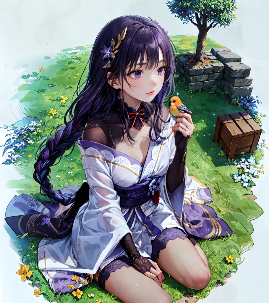 The image is of an anime girl with purple hair and purple eyes. She is wearing a white and purple kimono with a black obi. She is sitting on the grass in a field of flowers and holding a yellow bird in her hand. There is a tree with pink flowers behind her and a stone wall with a wooden box on the right.