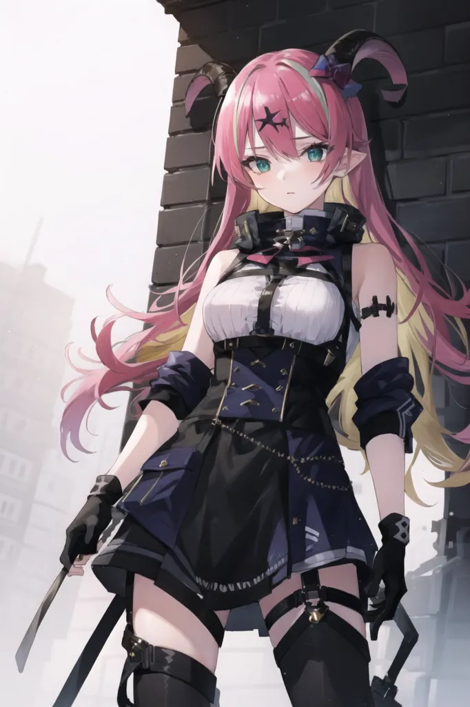 L'image est une illustration de style anime d'une jeune femme aux cheveux roses et jaunes, aux yeux bleus et aux cornes de diable. Elle porte une combinaison noire et blanche avec une jupe bleue et une veste noire. Elle porte également une paire de bottes noires et une paire de gants. Elle se tient dans une ruelle sombre et regarde le spectateur avec une expression sérieuse.