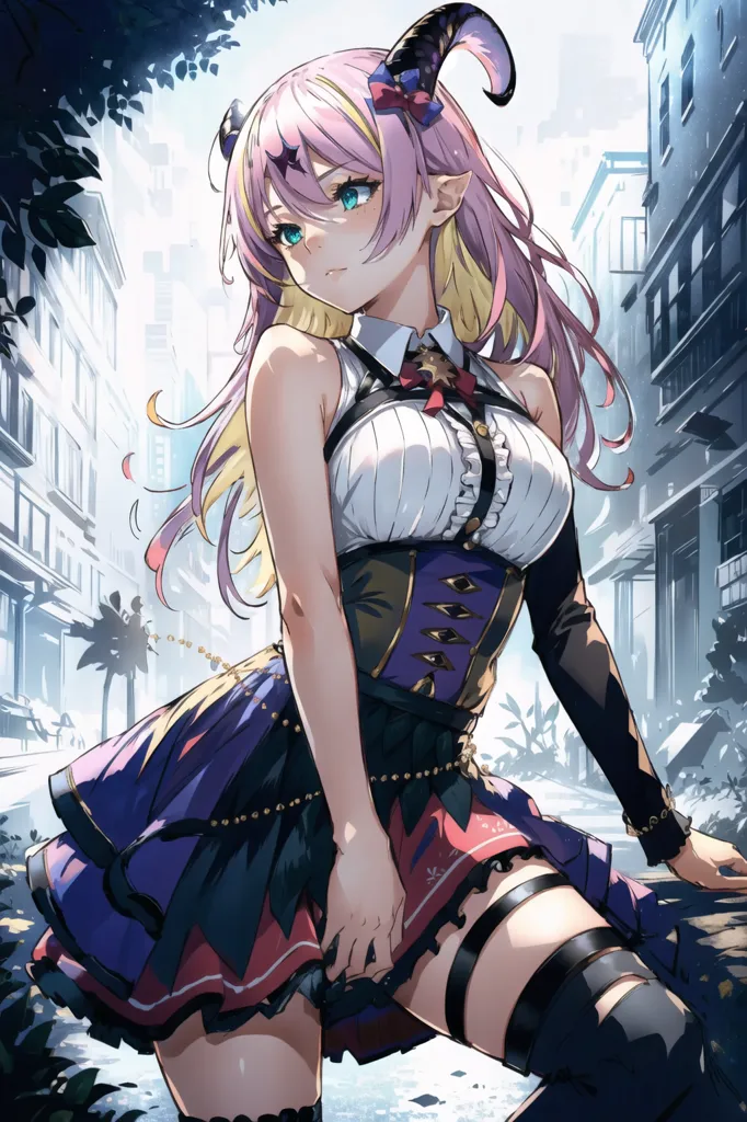 L'image représente une fille de style anime aux cheveux roses et jaunes, aux yeux bleus et aux cornes de diable. Elle porte une tenue blanche et violette avec un corset et une jupe. Elle porte également des bas noirs et des bottes. Elle se tient dans une rue de la ville avec un bâtiment derrière elle.