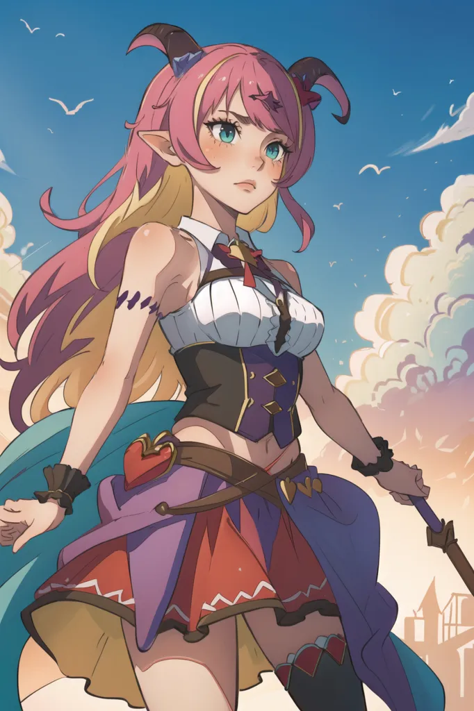 The image is of a young woman with pink and yellow hair, and horns. She is wearing a white and pink top, with a brown corset, and a red and purple skirt. She is also wearing a brown belt with a heart-shaped buckle. She is holding a staff in her right hand. She has a serious expression on her face. She is standing in front of a blue sky with white clouds. There is a castle in the distance.