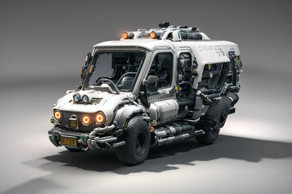 Gambar ini adalah rendering dari mobil futuristik. Mobil tersebut berwarna putih dan memiliki bentuk kotak. Mobil ini memiliki kaca depan yang besar dan sedikit lampu depan. Mobil ini juga memiliki beberapa fitur lain, termasuk rak atap, tangga, dan seperangkat alat. Mobil ini kemungkinan besar ditenagai oleh motor listrik, karena tidak ada knalpot yang terlihat. Mobil ini juga kemungkinan besar sangat cepat, karena memiliki beberapa fitur aerodinamis, seperti spoiler dan diffuser. Mobil ini juga sangat dilengkapi, karena memiliki beberapa alat dan persediaan, seperti kotak P3K dan alat pemadam kebakaran. Mobil ini kemungkinan besar akan digunakan untuk berbagai tujuan, seperti transportasi, eksplorasi, dan penyelamatan.