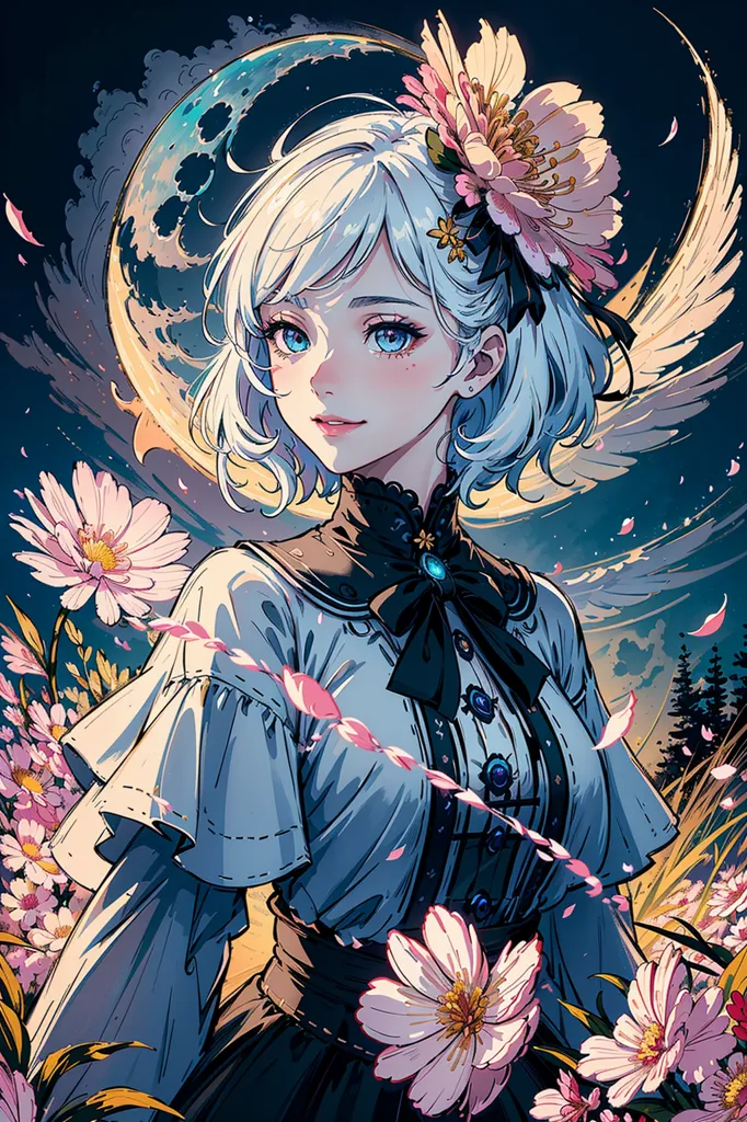 The image is a painting of a young woman with short white hair and blue eyes. She is wearing a blue and white dress with a black bow around her neck. There are several pink flowers in her hair and around her. The background is a dark blue night sky with a crescent moon. The painting is done in a realistic style and the colors are vibrant and lifelike.