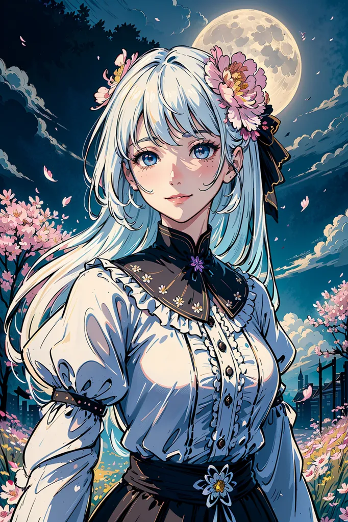 The image is a painting of a young woman with long white hair and blue eyes. She is wearing a white blouse with a black collar and a black skirt. Her hair is decorated with pink and white flowers. She is standing in a field of pink flowers, with a large tree in the background. The moon is full, and there are clouds in the sky. The painting is done in a realistic style, and the colors are vibrant and lifelike.