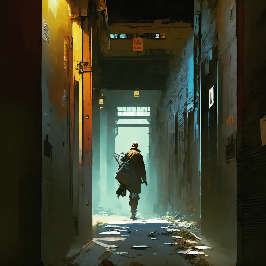 A man is walking down a dark hallway. The only light comes from a single bulb at the end of the hall. The man is wearing a long coat and a hat. He is carrying a bag over his shoulder. The hall is lined with doors, all of which are closed. The man's footsteps echo off the walls as he walks. He reaches the end of the hall and turns to face the door. He takes a deep breath and opens the door.