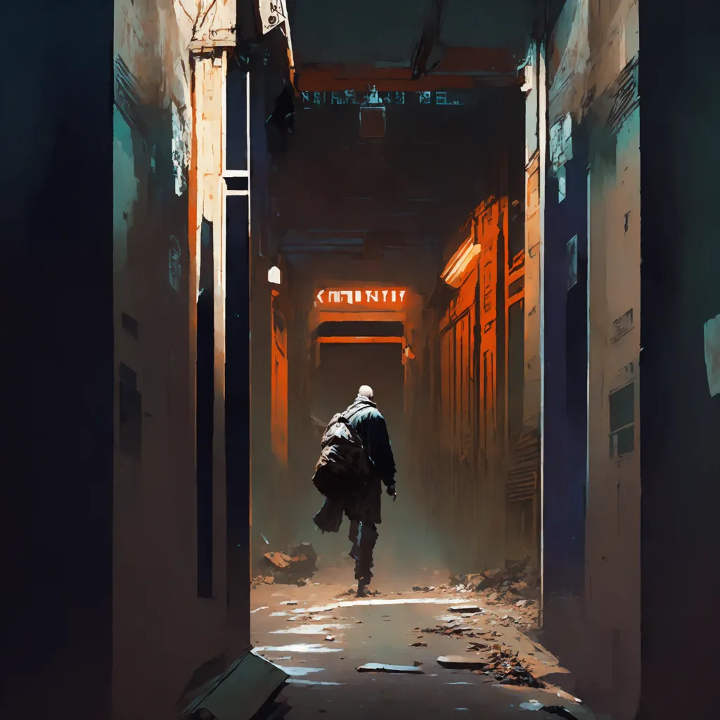 The image is a dark and dirty alleyway. The walls are covered in graffiti and the ground is littered with trash. There is a single figure walking down the alleyway. He is wearing a long coat and a hat, and he is carrying a backpack. He is looking over his shoulder as he walks, as if he is being followed. The alleyway is lit by a single flickering light bulb. The image is full of mystery and suspense. It is unclear what the man is doing or where he is going. The viewer is left to imagine what will happen next.