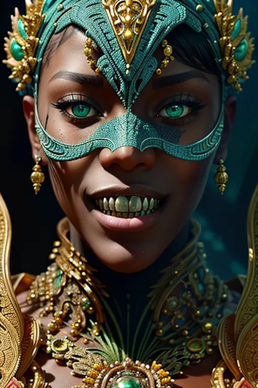 Esta imagem mostra uma mulher, com pele morena escura, usando uma máscara verde e dourada elaborada. A máscara tem padrões intrincados e é adornada com joias. Os olhos da mulher são de um verde penetrante e seus lábios estão ligeiramente separados, revelando um conjunto de dentes dourados. Ela está usando um colar de ouro e um cocar verde e dourado. O fundo é escuro, com um holofote iluminando a mulher.