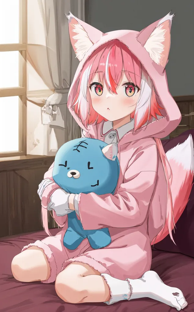 The image contains a young girl with pink hair and fox ears. She is wearing a pink onesie with a hood and white socks. She is sitting on a bed and hugging a blue stuffed animal. The background is a window with a white curtain.