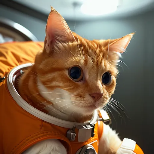 これは宇宙服を着た橙色の猫の画像です。その猫は宇宙船の中に座っており、窓の外を見つめています。猫は宇宙ヘルメットを着用しており、毛皮が縁から飛び出しています。猫の目は大きく開いており、宇宙にいることを興奮して感じているようです。背景は宇宙から見た地球の景色です。