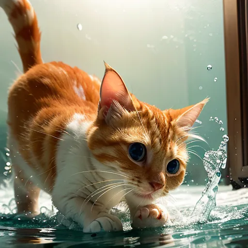 一匹の生姜色の猫が浅い水たまりの中に立っています。猫は画面の右側を見つめています。その毛皮は濡れて体に密着しています。水は透明で、上の部屋からの光を反射しています。猫の表情は好奇心と集中力を示しています。