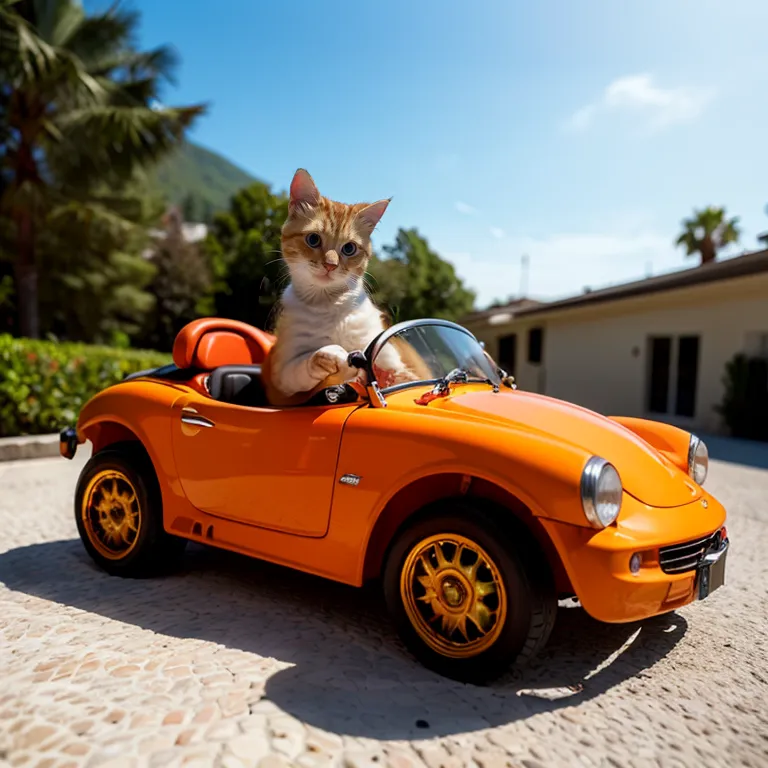 A ginger and white cat is sitting in a bright orange toy car. The cat has one paw on the steering wheel and is looking at the camera. The car is parked on a stone driveway in front of a house. There are palm trees and blue sky in the background.