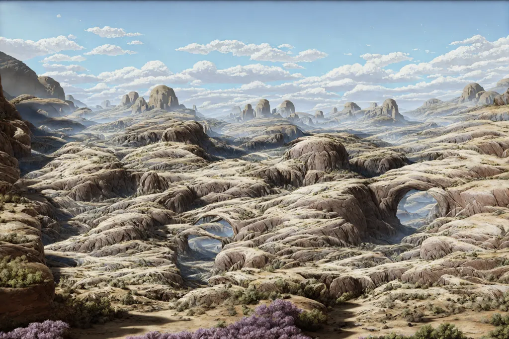 The image shows a desert landscape with large rock formations in the background and foreground. The rocks are light brown and tan, and the sky is light blue with white clouds. There are no people or animals in the image, and the only vegetation is a few small, green plants in the foreground. The image has a warm, dry feel to it, and it seems to be a very peaceful place.