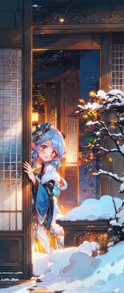 The image is a painting of a young girl standing in a doorway. The girl is wearing a blue and white dress with a white fur collar. She has long blue hair and blue eyes. The door is made of wood and has a white paper lantern hanging from it. There is a tree with yellow leaves in the background. The ground is covered in snow. The painting is done in a realistic style and the colors are vibrant and lifelike.