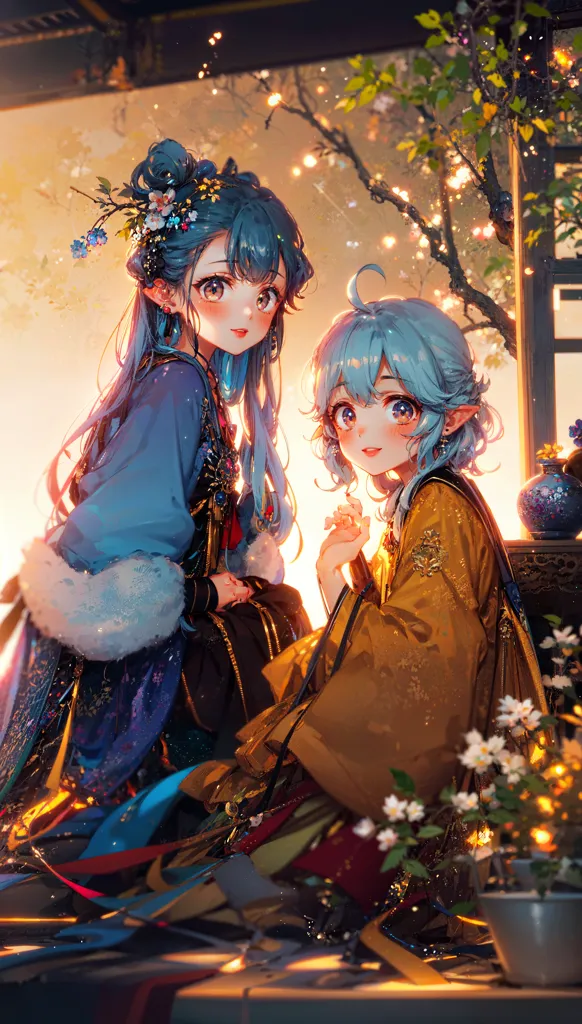 This image shows two anime girls in a traditional East Asian setting. The girl on the left has long blue hair and is wearing a blue and white kimono. She is sitting on a cushion on the floor, and there is a small table in front of her with a vase of flowers on it. The girl on the right has short blue hair and is wearing a yellow kimono. She is sitting next to the girl on the left and has her hand in hers. There is a tree with pink flowers in the background, and the overall atmosphere of the image is peaceful and serene.