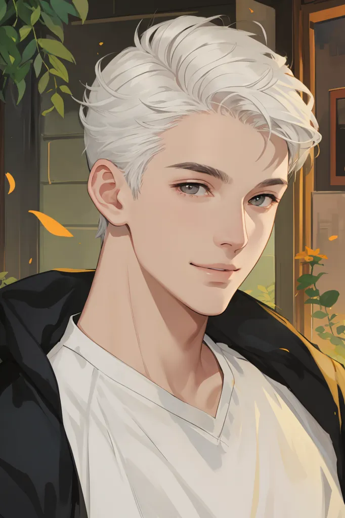 The image is a digital painting of a young man with white hair and light gray eyes. He is wearing a white shirt and a black jacket. He has a gentle smile on his face. He is standing in a room with a window in the background. There are some plants and leaves around the window. The overall tone of the image is soft and romantic.