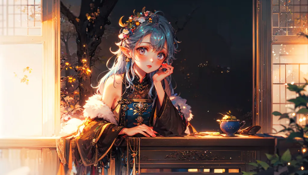 The image is a painting of a young woman with long blue hair and elf ears. She is wearing a traditional Chinese dress with a white and gold pattern. She is sitting at a table with a teacup on it. There is a window behind her with a view of a forest. The painting is done in a realistic style and the colors are vibrant and lifelike.