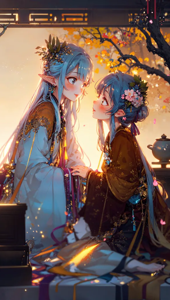 The image is of two anime girls in a traditional Chinese setting. The girl on the left has long blue hair and is wearing a white and blue hanfu. She has a gentle smile on her face and is looking at the girl on the right. The girl on the right has short blue hair and is wearing a red and gold hanfu. She has a more playful expression on her face and is also looking at the girl on the left. There are cherry blossoms and other flowers in the background, and a traditional Chinese building in the distance. The overall atmosphere of the image is one of peace and tranquility.