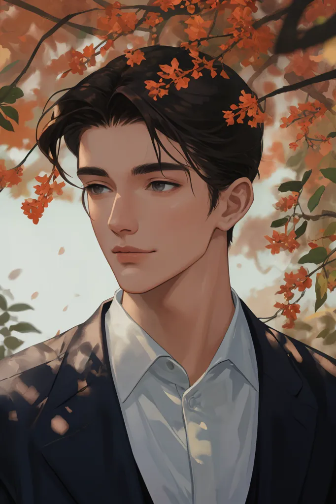 La imagen es una pintura de un hombre joven con cabello negro y ojos marrones. Lleva una camisa blanca y una chaqueta de traje negra. Tiene una sonrisa suave en su rostro y mira hacia la derecha del marco. Hay flores naranjas y amarillas en su cabello y detrás de él. El fondo es un borrón de luz.