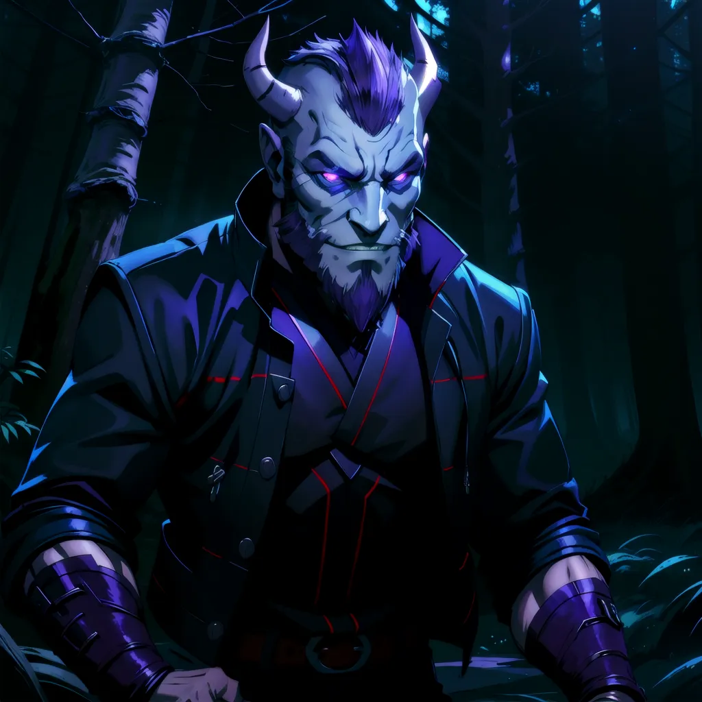 A imagem é um retrato de um tiefling masculino, uma raça de humanoides com ascendência demoníaca. Ele tem pele azul, olhos roxos e cabelo curto roxo. Ele está usando um casaco de couro preto e uma echarpe vermelha. Ele tem um cavanhaque e uma barba. Ele está sentado em uma floresta escura, e há uma árvore atrás dele. Ele está olhando para o espectador com uma expressão séria.