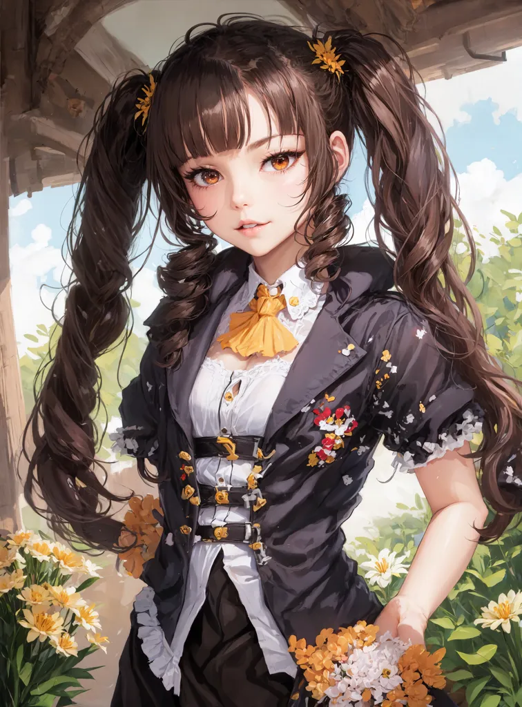 The image is a portrait of a young girl with long brown hair and yellow eyes. She is wearing a black and white dress with a yellow bow. The girl is standing in a garden of yellow flowers.