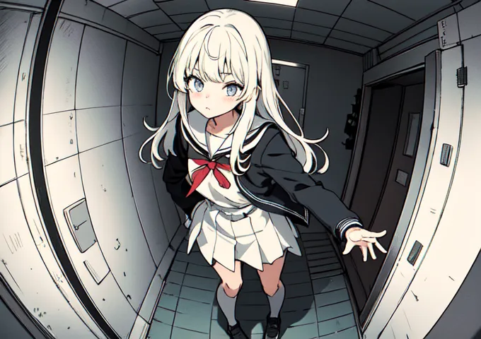 The image is a painting of a young girl with long white hair and blue eyes. She is wearing a white shirt, black jacket, and black skirt. She is standing in a hallway, looking at the viewer with a curious expression. The hallway is lit by a single light bulb, and the walls are covered in graffiti.