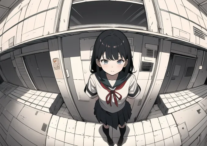 The image is a fisheye view of a young girl in a school uniform. She is standing in a hallway with lockers on either side. The girl is wearing a white shirt, black skirt, and red bow tie. She has long black hair and blue eyes. She is looking at the viewer with a slightly puzzled expression.