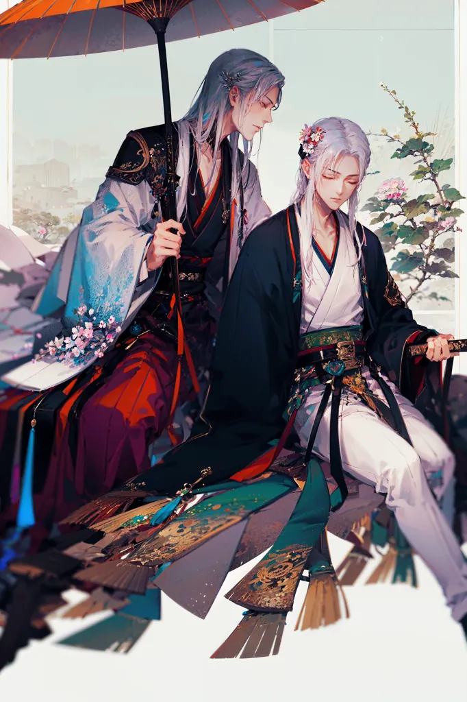 The image is of two men. They are both dressed in traditional Chinese clothing and have long white hair. The man on the left is holding a sword and the man on the right is holding a flute. They are standing in a garden and there are cherry blossoms falling around them.