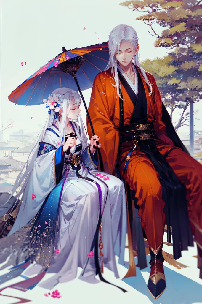 The picture shows a man and a woman in ancient Chinese clothes. The man is taller than the woman and has long white hair. He is wearing a red robe with white and gold trim and black boots. The woman has long white hair and is wearing a white dress with a blue and purple sash. She is also wearing a white and pink flower in her hair. The man is holding a black umbrella and the woman is holding his arm. They are standing in a garden with a tree and there are pink and white petals falling from the sky.