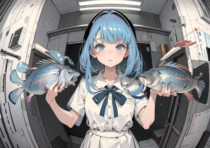 This image shows an anime-style girl with long blue hair and blue eyes. She is wearing a white shirt with a blue bow tie and a white skirt. She is holding two fish, one in each hand. The fish are both blue and have yellow eyes. The girl is standing in a room with white walls and a gray floor. There is a door on the left side of the room and a window on the right side.