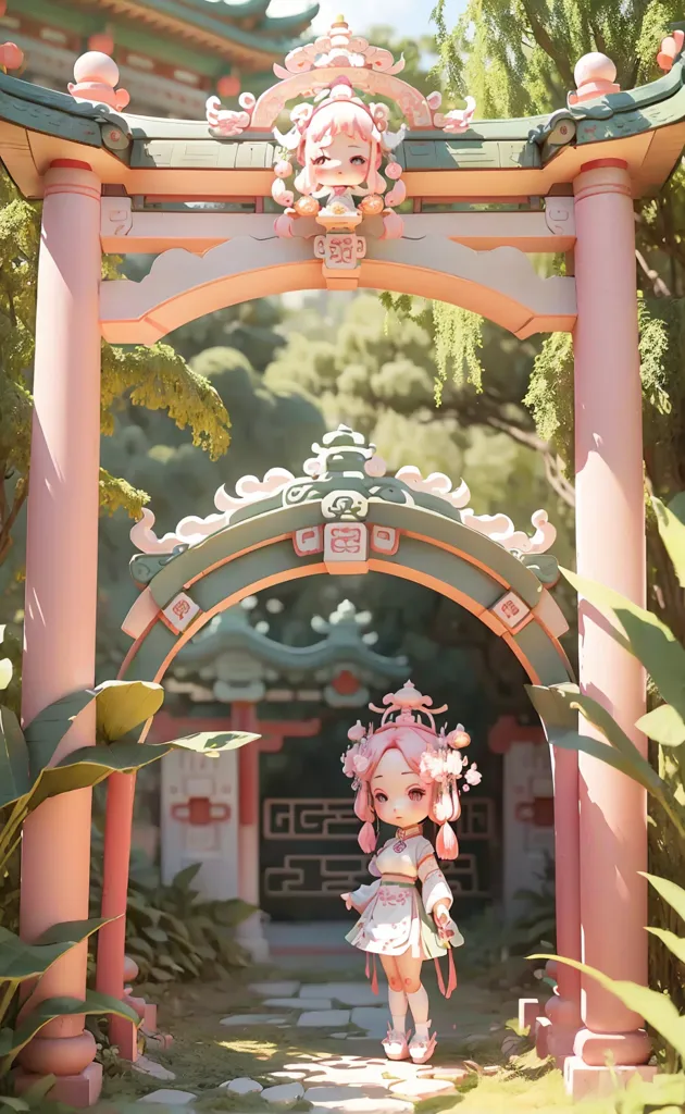 The image is a depiction of a Chinese garden. The garden is filled with lush greenery and colorful flowers. There is a pink-haired girl in a white and pink dress standing in the center of the garden. She is surrounded by pink and white flowers. The background of the image is a pink and green Chinese-style building. The image has a very soft and dreamy feel to it.