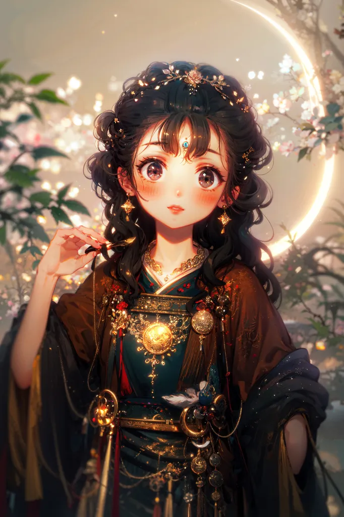 The image shows a young girl with long black hair and brown eyes. She is wearing a traditional Chinese dress with a red and gold pattern and a white collar. The dress is trimmed with gold and has a long flowing skirt. The girl is standing in a garden with a crescent moon in the background. There are trees and flowers in the background. The girl is holding a flower in her left hand and is looking at the viewer with a shy smile.