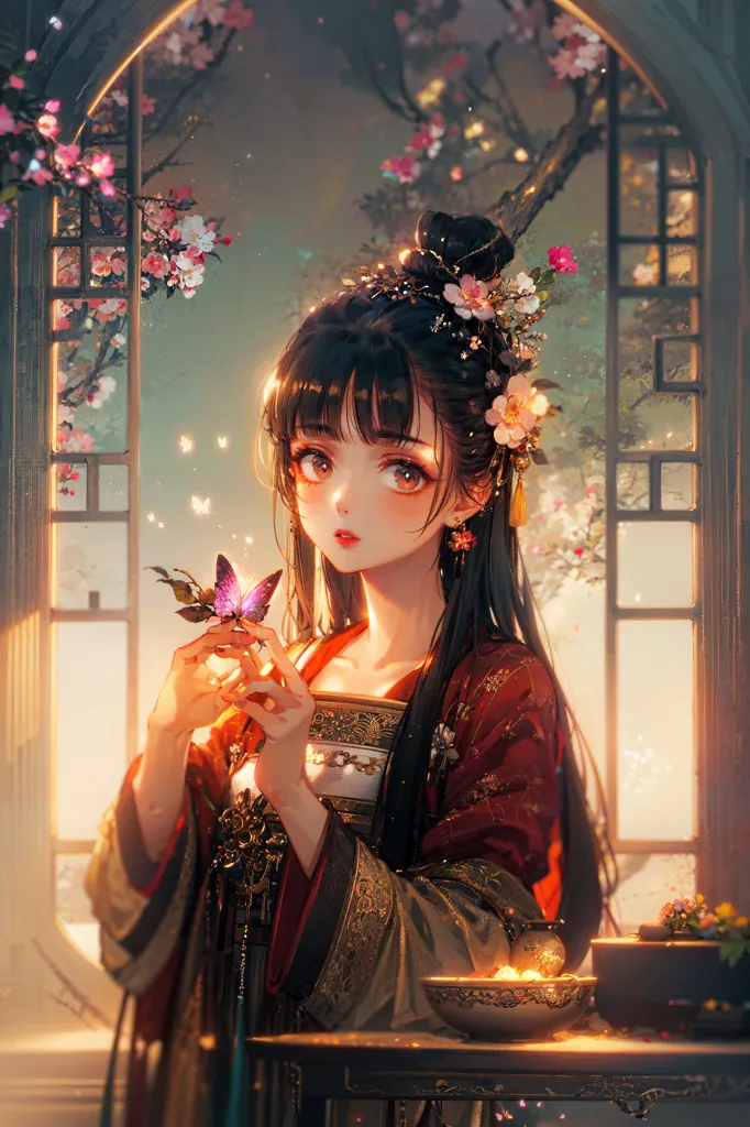 The image is a painting of a young woman in a traditional Chinese dress. She is standing in a pavilion, surrounded by flowers and butterflies. The woman is holding a butterfly in her hand. She is wearing a red and gold dress with a white sash and has long black hair with pink and white flowers in it. The background is a Chinese-style landscape with mountains, trees, and flowers. The painting is done in a realistic style with muted colors.